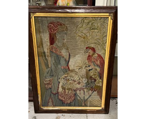 An antique tapestry lady and her parrot 51cm x 75cm 