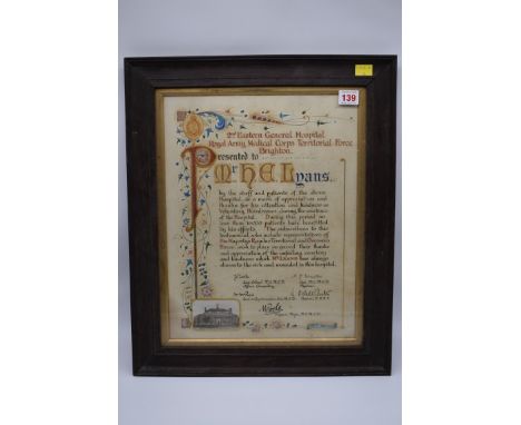 2ND EASTERN GENERAL HOSPITAL ROYAL ARMY MEDICAL CORPS TERRITORIAL FORCE BRIGHTON:&nbsp;illuminated presentation to Mr H E Lya
