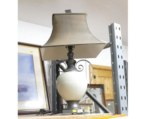 Modern lamp with ceramic crackle glazed base and metal fretwork, 80 cm high including shade