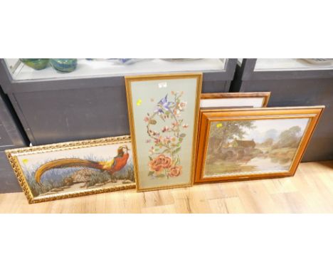 Four pictures and prints including tapestry pheasant