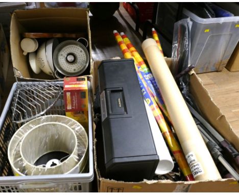 Three boxes of kitchenware, lamp shades, file storage box, camera tripod, stationery 