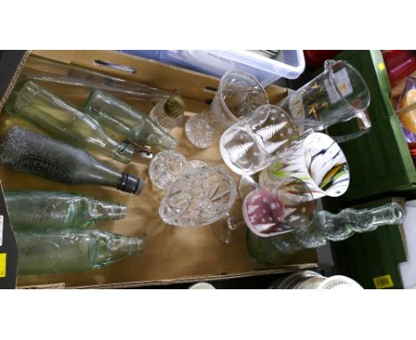 Vintage glass brewery bottles, glass vases, etched and Art Glass goblets etc