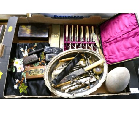 Box of cutlery, plated ware, hollow egg, The Foster Whist marker, wooden trinket boxes, embroidered cosy
