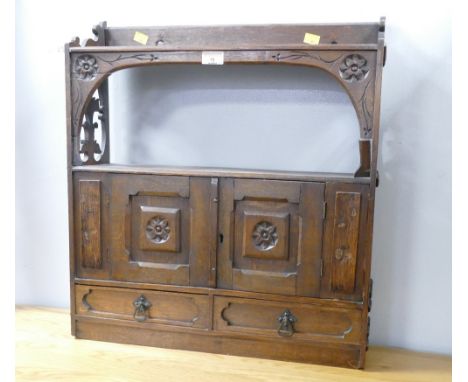Carved oak wall mounted display shelf/cabinet, 59 cm x 52 cm x 15 cm