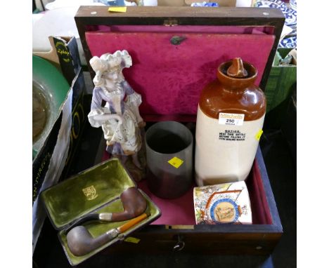 Wooden writing box, vintage cased pipe set, continental figurine, stone hot water bottle, commemorative mug and pewter tanker