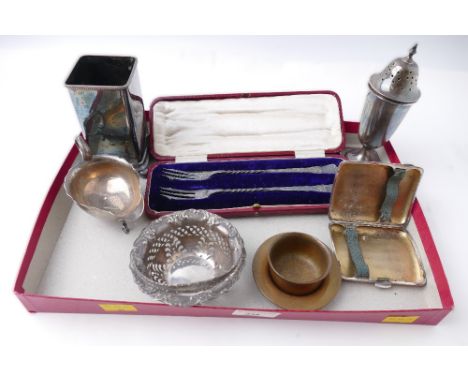 EPNS bud vase and toasting forks, brass trinkets, silver plated cigarette case, silver hallmarked sifter, sauce boat and bonb