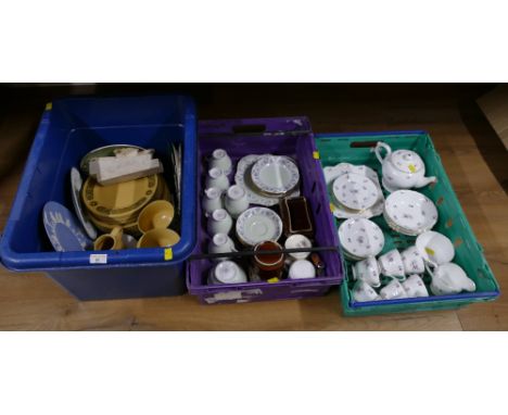 Three boxes of ceramics, Shelley Charm pattern tea set with teapot, Grafton Halcyon pattern part tea set, Kiln Craft retro di