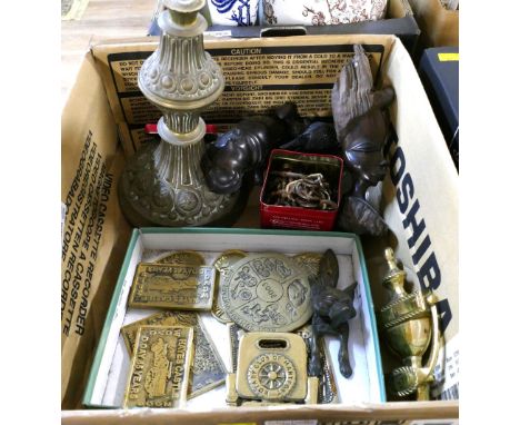 Box of brassware, car rally badges, door knocker, lamp base, vintage keys, wood carvings etc  