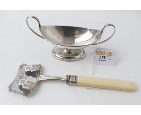 Silver two handled dish, weight 86 grams, and bone handled TW & S silver ornate serving spoon 