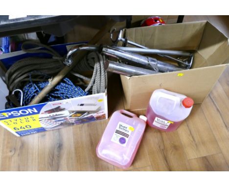 Two boxes of towing ropes, pick axe, Model Technics Molecular blended fuel, exhaust parts etc