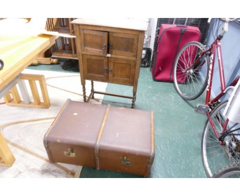 Oak pot cupboard and vintage travel trunk