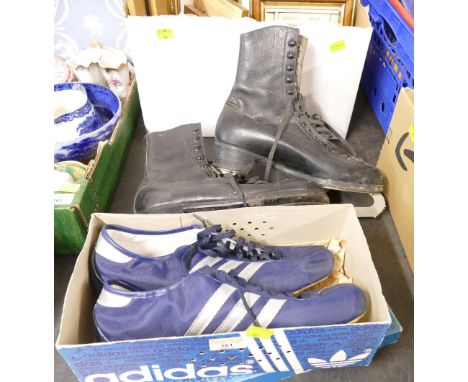Vintage pair of Adidas (11) Speed blue three white striped trainers and pair of vintage ice skates