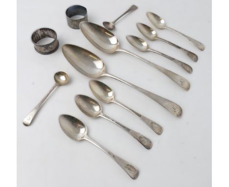 Vintage silver hallmarked spoons, napkin rings and one plated metal napkin ring, silver items weigh +/- 220 grams