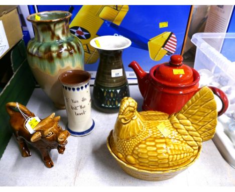 Hen on nest, ceramic cow creamer, red pottery teapot and three Studio Pottery vases