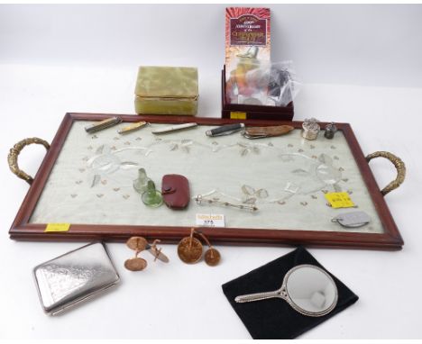 Glazed topped tray with embroidered panel, vintage coins, miniature penny-farthing bicycles, cigarette case, miniature penkni