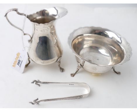 Silver milk jug and sugar bowl and set of Isle of Man EPNS tongs, silver items weight +/- 250 grams
