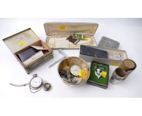Box of faux pearls, costume jewellery, Masonic medal, cased set of shot glasses, pocket watch parts, white metal Albert chain