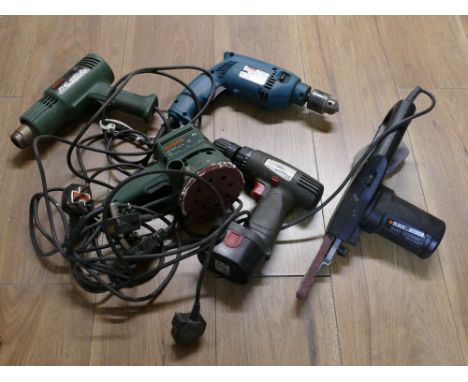 Box of power tools, Black & Decker BD292E belt sander, Bosch heat gun, Bosch disc sander, Makita drill and Powercraft drill d