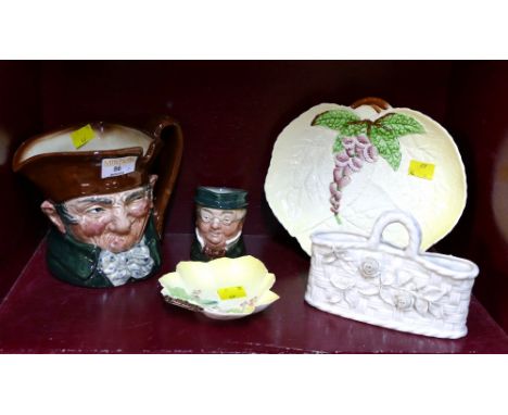 Royal Doulton character jug "Old Charlie", smaller character jug, Belleek basket and two Carltonware trinket dishes