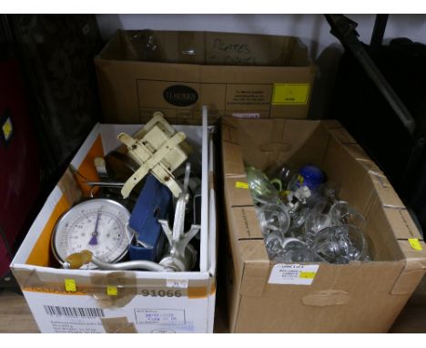 Three boxes of glassware, kitchen scales, mincer, ceramics