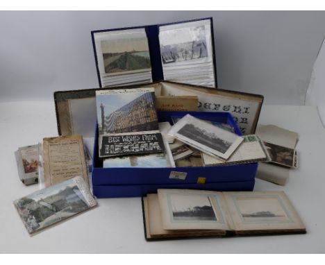 Box of vintage postcards, photograph, Air Raid Precautions cigarette card album etc