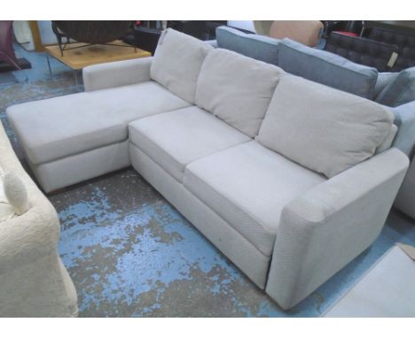 CORNER SOFA, in stone upholstery with integrated sofabed, 87cm H x 237cm W x 155cm D. (with faults)