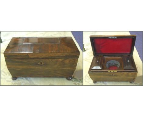 TEA CADDY, Regency rosewood of sarcophagus form with key, 33cm W x 17cm D. (with faults)