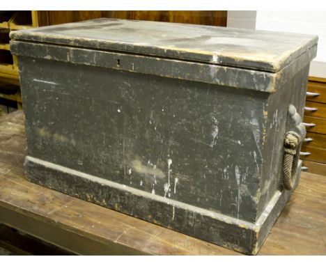 TRUNK, Victorian painted pine with hinged top, fitted teak interior and rope handles, 60cm H x 96cm W x 55cm D. (with faults)