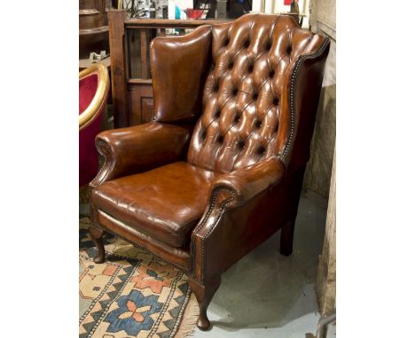 WING ARMCHAIRS, a pair, Queen Anne style hand coloured leaf brown with button upholstered back and cabriole supports, 82cm W.