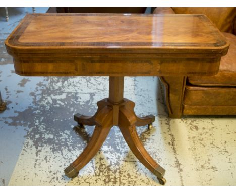 CARD TABLE, Regency mahogany rosewood with crossbanding and brass inlay on a chamfered column and quadraform supports, 90cm W