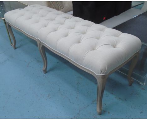 LONG STOOL, with buttoned upholstery with six cabriole supports, 152cm W x 51cm D.