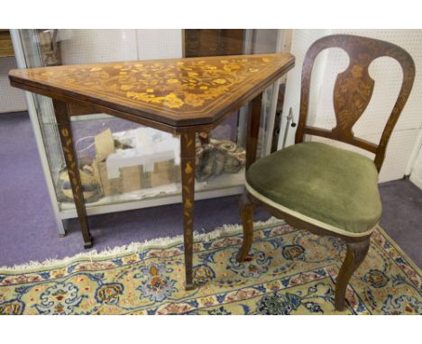 CARD TABLE, early 19th century Dutch mahogany and marquetry with triangular hinged green baize lined top, 79cm H x 104cm W x 