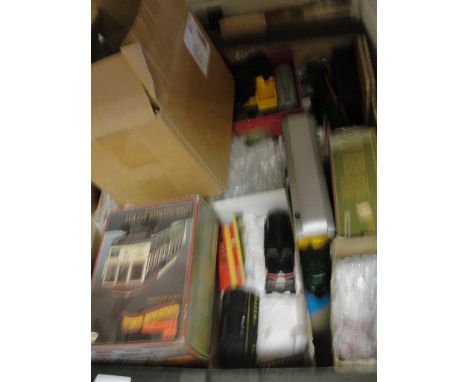 A box of 00 railway items to inc trains, carriages, rolling stock and tools