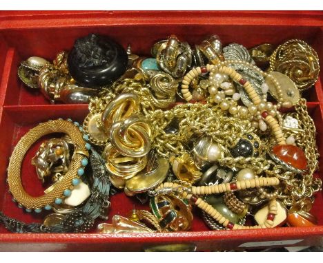 A box of vintage dress jewellery to inc Christian Dior earrings, jet cameo etc