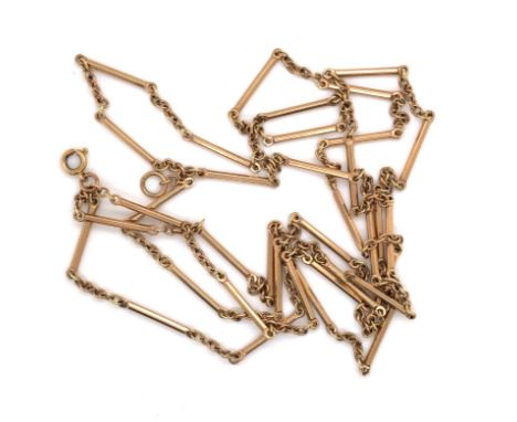A VINTAGE FANCY LINK BAR AND BELCHER LONG NECKLACE. LENGTH 97cms. WEIGHT 12.40grms. UNMARKED AND ASSESSED AS 9ct, 375 GOLD.