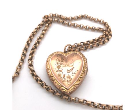 AN ANTIQUE OLD ROSE GOLD BLECHER CHAIN AND A 9ct GOLD BACK AND FRONT HEART SHAPE PORTRAIT LOCKET. THE CHAIN LENGTH 47cms, WEI