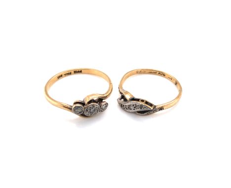 TWO ANTIQUE DIAMOND CROSS OVER RINGS, BOTH STAMPED 9ct AND ASSESSED AS 9ct YELLOW GOLD. FINGER SIZE N 1/2 AND R. GROSS WEIGHT