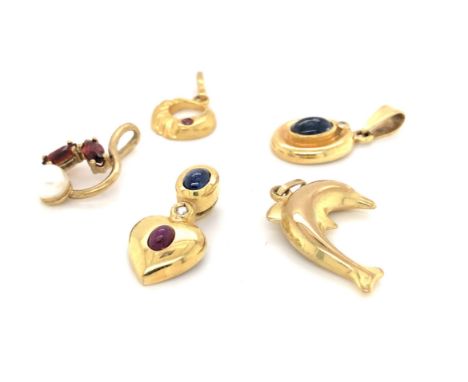 FOUR VARIOUS UNHALLMAKRED AND STAMPED 333, 8ct GERMAN GOLD GEMSET PENDANTS SET WITH CABOCHON SAPPHIRES, RUBY DIAMONDS, GARNET