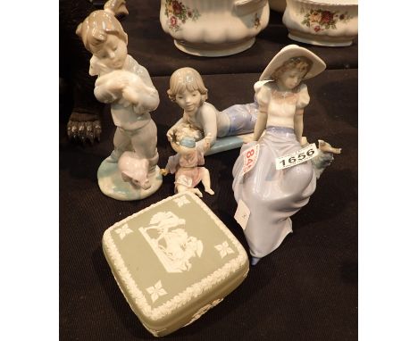Three Nao figurines sage green Wedgwood lidded pot and an Oriental figurine