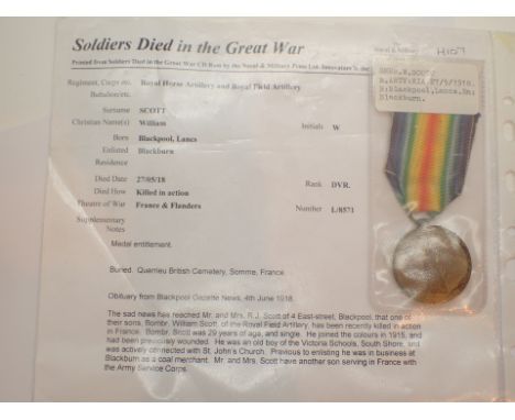 WWI British Victory medal Killed in Action 27.5.1918 with obituary from Blackpool