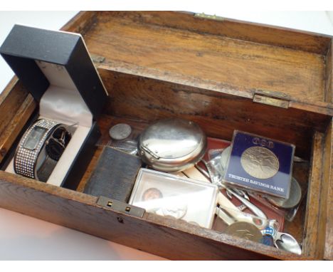 Mahogany box with collectable contents including coins snuff box etc