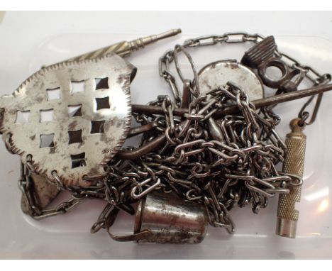Antique housekeepers chatelaine with five tools thimble whistle button hook propelling pencil and pin cushion