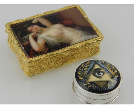 A gilt metal snuff box of rectangular form decorated with a plaque depicting a Classical female, stamped '18ct gold plate' to