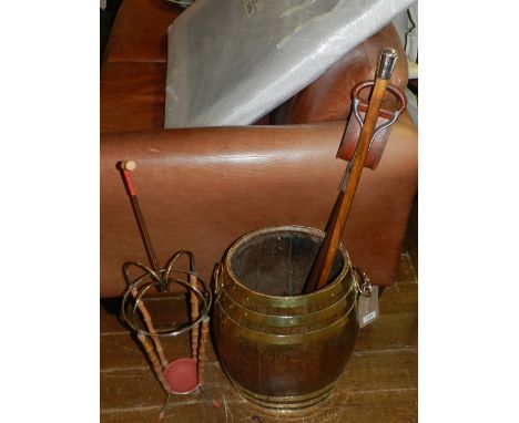 A brass bound barrel stick stand, H: 48cm, together with a bamboo umbrella stand, a shooting stick and a silver topped wooden