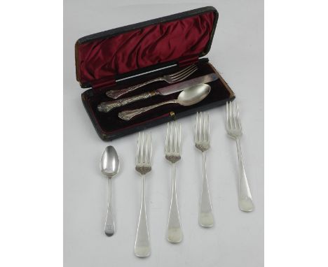 A set of five Mappin and Webb silver table forks, hallmarked 1919, together with a American silver fork knife and spoon set, 