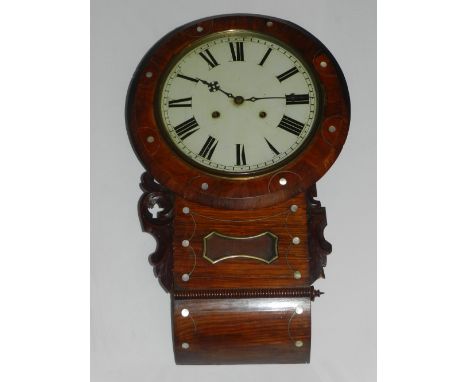 A late 19th century rosewood and mother-of-pearl drop-dial wall clock, with a painted cream dial set out in Roman numerals, H