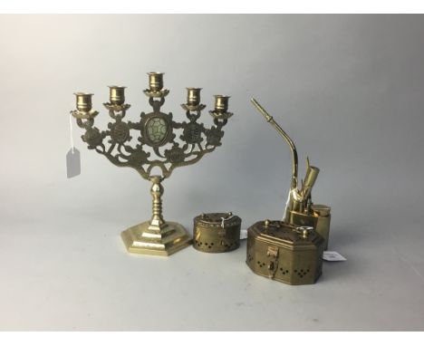 TWO BRASS HAND WARMERS, with pierced covers along with a smoking pipe and five light candelabrum