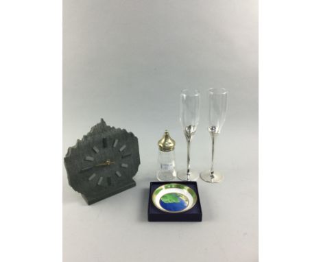 SET OF TWO CHAMPAGNE FLUTES, boxed, along with a pair of silver plated and enamel 'Belfast' creuts, other creut bottles, a sl