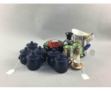 SIX DENBY RAMEKINS, along with a pair of Royal Doulton Dickens Ware vases, miniature cup and saucer, golfing jug, Shelley vas