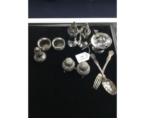 SILVER THREE PIECE CONDIMENT SET, along with Calcutta silver salt and pepper pots, pair of silver open salt dishes and pepper